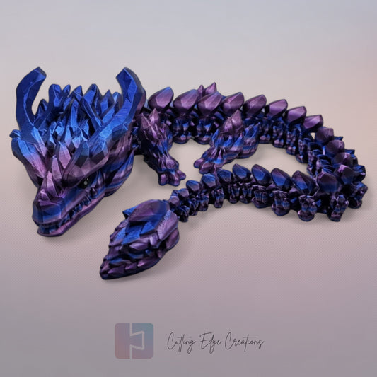3D printed articulated Stone Horn Dragon, flexible toy, handmade in the UK, desk fidget and gift.