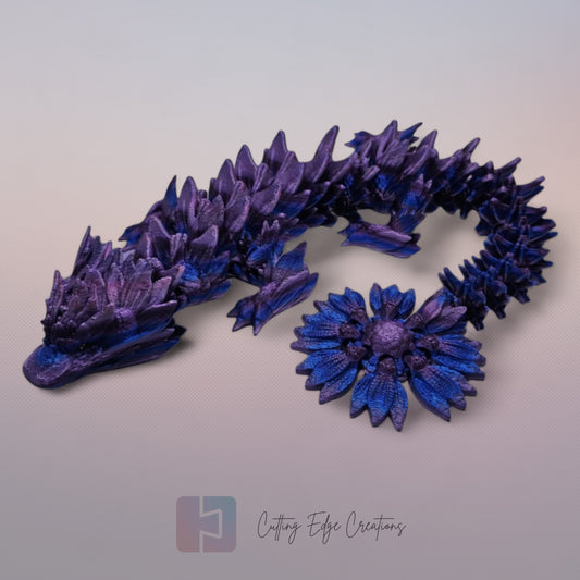 3D printed articulated Sunflower Dragon, flexible toy, handmade in the UK, desk fidget and gift.