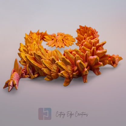 3D printed articulated Sunflower Dragon, flexible toy, handmade in the UK, desk fidget and gift.