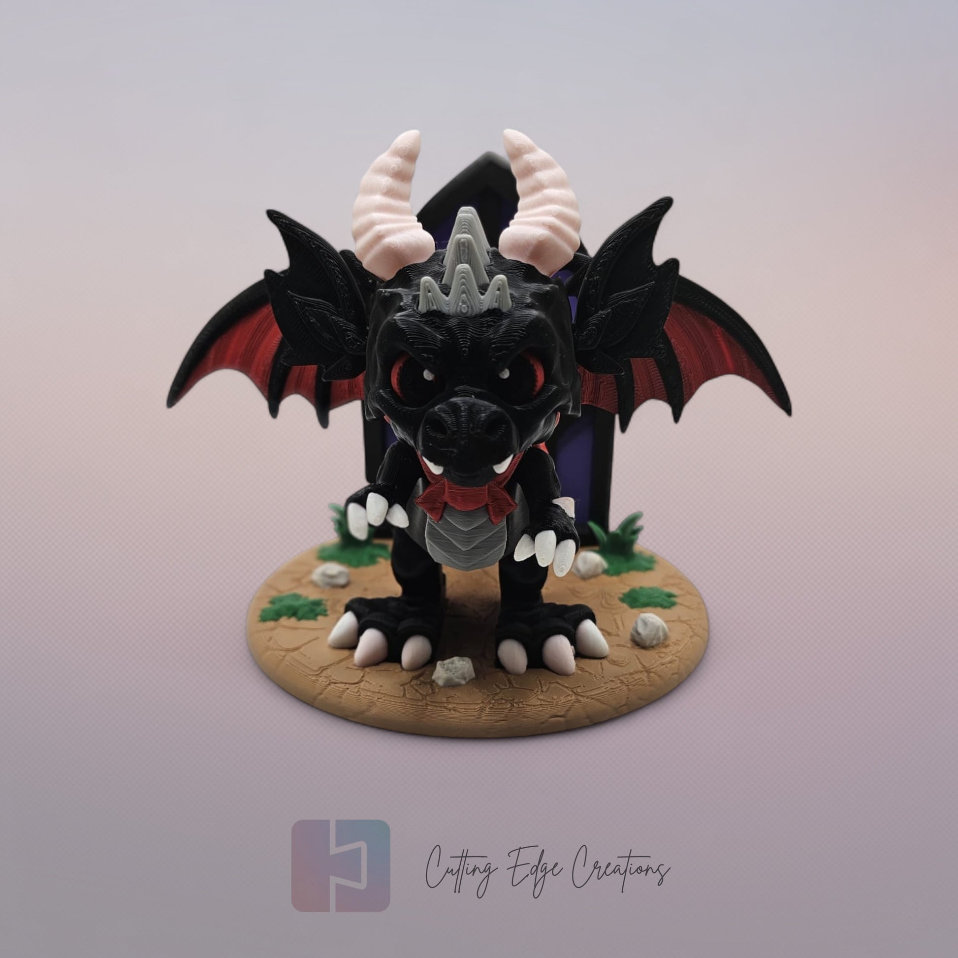 Vampire Dragon: “3D-printed Vampire Dragon, articulated gothic toy with fangs and themed display stand, UK handmade