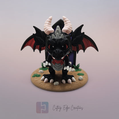 Vampire Dragon: “3D-printed Vampire Dragon, articulated gothic toy with fangs and themed display stand, UK handmade