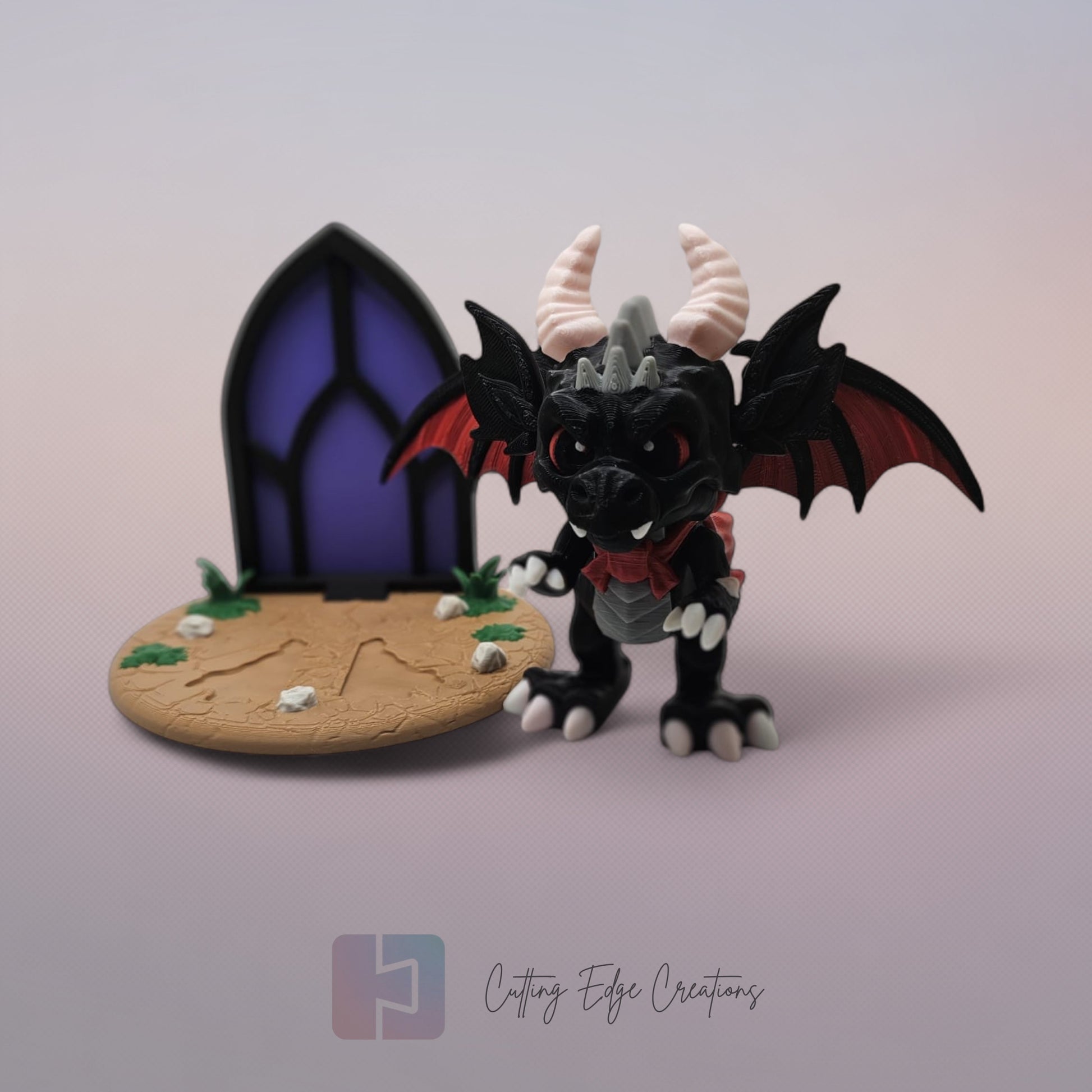 Vampire Dragon: “3D-printed Vampire Dragon, articulated gothic toy with fangs and themed display stand, UK handmade