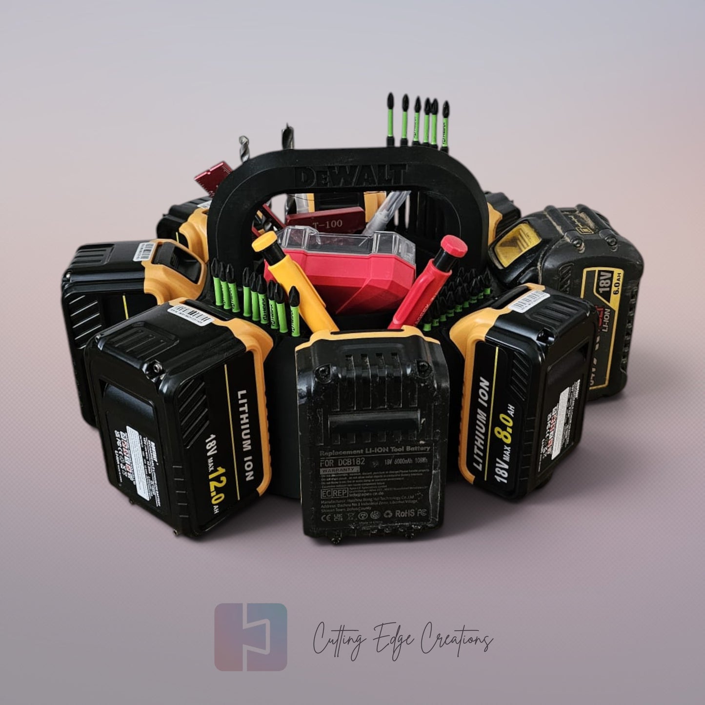 8 Battery Caddy Compatible with DeWalt Batteries - Tool Organiser Storage Rack with Bit Holders & Centre Tray - 3D Printed in the UK