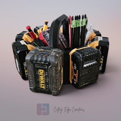 8 Battery Caddy Compatible with DeWalt Batteries - Tool Organiser Storage Rack with Bit Holders & Centre Tray - 3D Printed in the UK