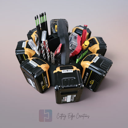 8 Battery Caddy Compatible with DeWalt Batteries - Tool Organiser Storage Rack with Bit Holders & Centre Tray - 3D Printed in the UK