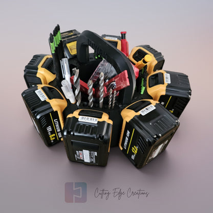 8 Battery Caddy Compatible with DeWalt Batteries - Tool Organiser Storage Rack with Bit Holders & Centre Tray - 3D Printed in the UK