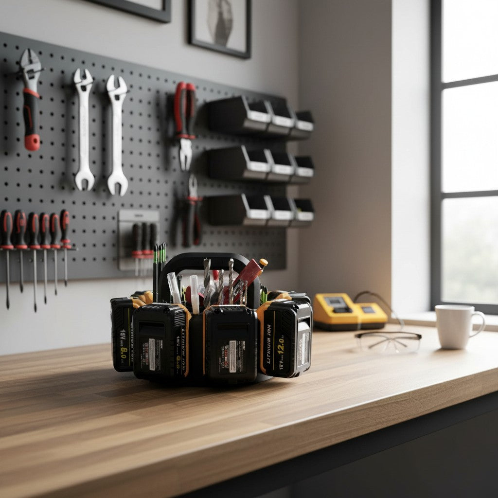 8 Battery Caddy Compatible with DeWalt Batteries - Tool Organiser Storage Rack with Bit Holders & Centre Tray - 3D Printed in the UK