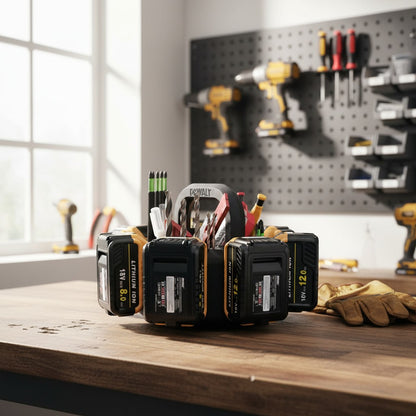 8 Battery Caddy Compatible with DeWalt Batteries - Tool Organiser Storage Rack with Bit Holders & Centre Tray - 3D Printed in the UK