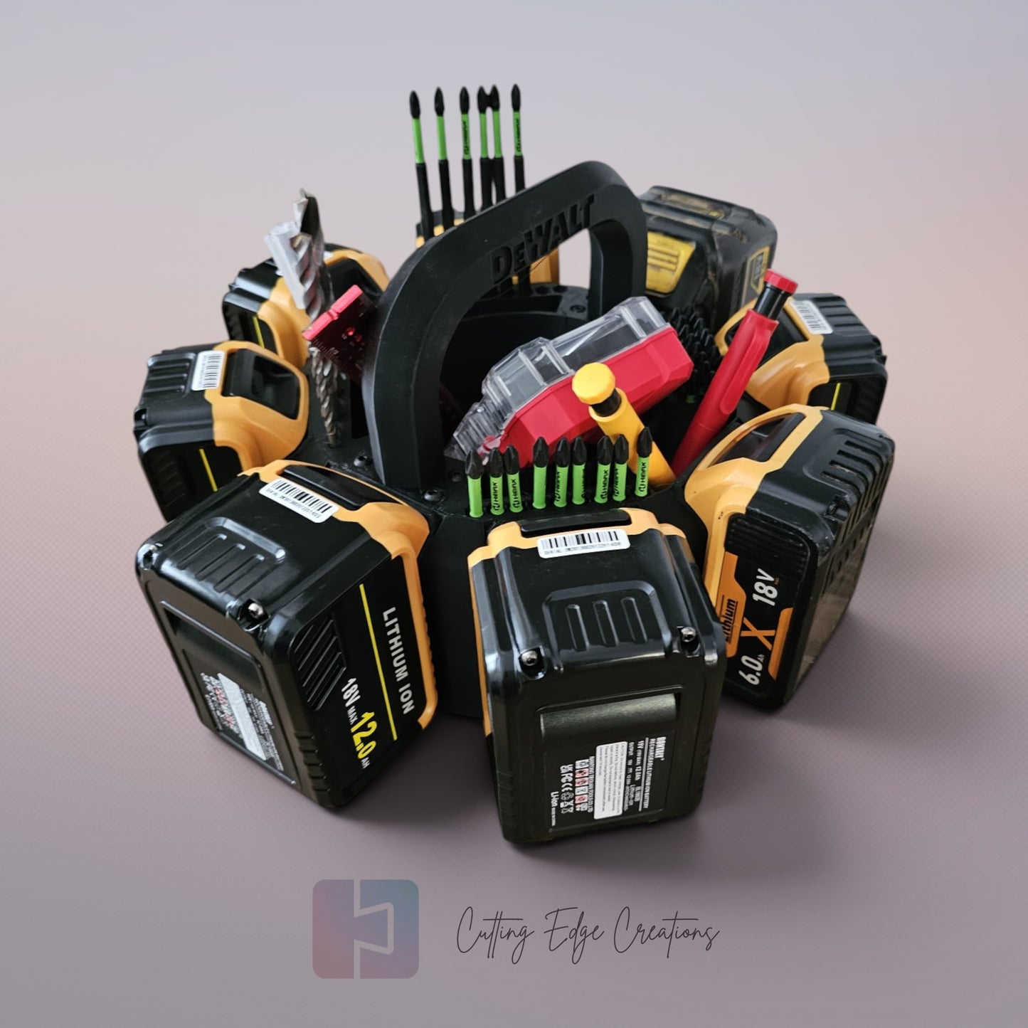 8 Battery Caddy Compatible with DeWalt Batteries - Tool Organiser Storage Rack with Bit Holders & Centre Tray - 3D Printed in the UK