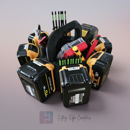 8 Battery Caddy Compatible with DeWalt Batteries - Tool Organiser Storage Rack with Bit Holders & Centre Tray - 3D Printed in the UK