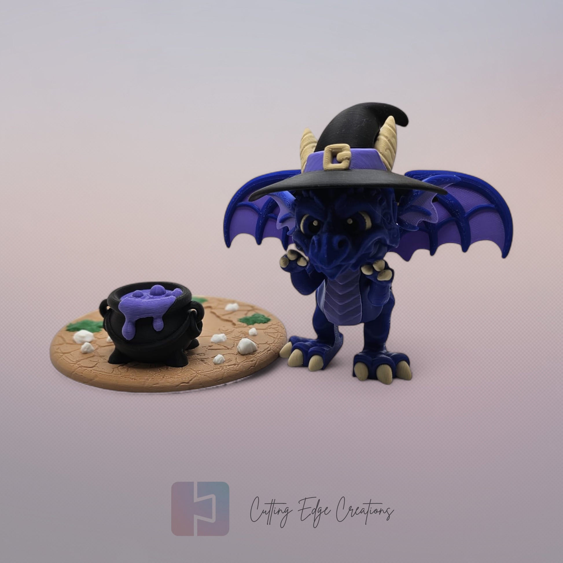 Witch Dragon: “3D-printed Witch Dragon, articulated Halloween figure with broom design, spooky fantasy décor