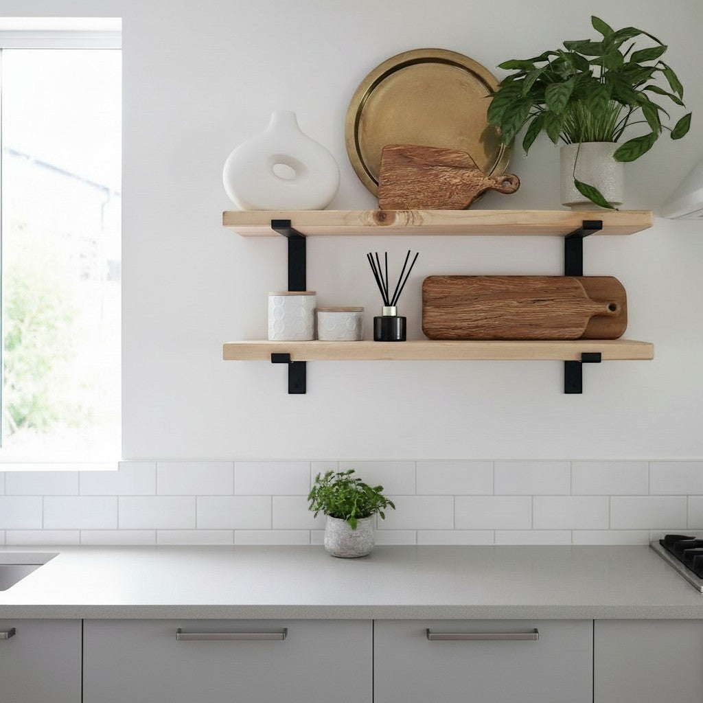 Cutting Edge Creations rustic reclaimed timber scaffold board shelf with black brackets, displayed with decor.