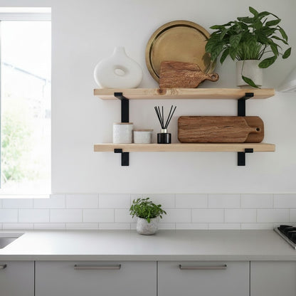 Cutting Edge Creations rustic reclaimed timber scaffold board shelf with black brackets, displayed with decor.