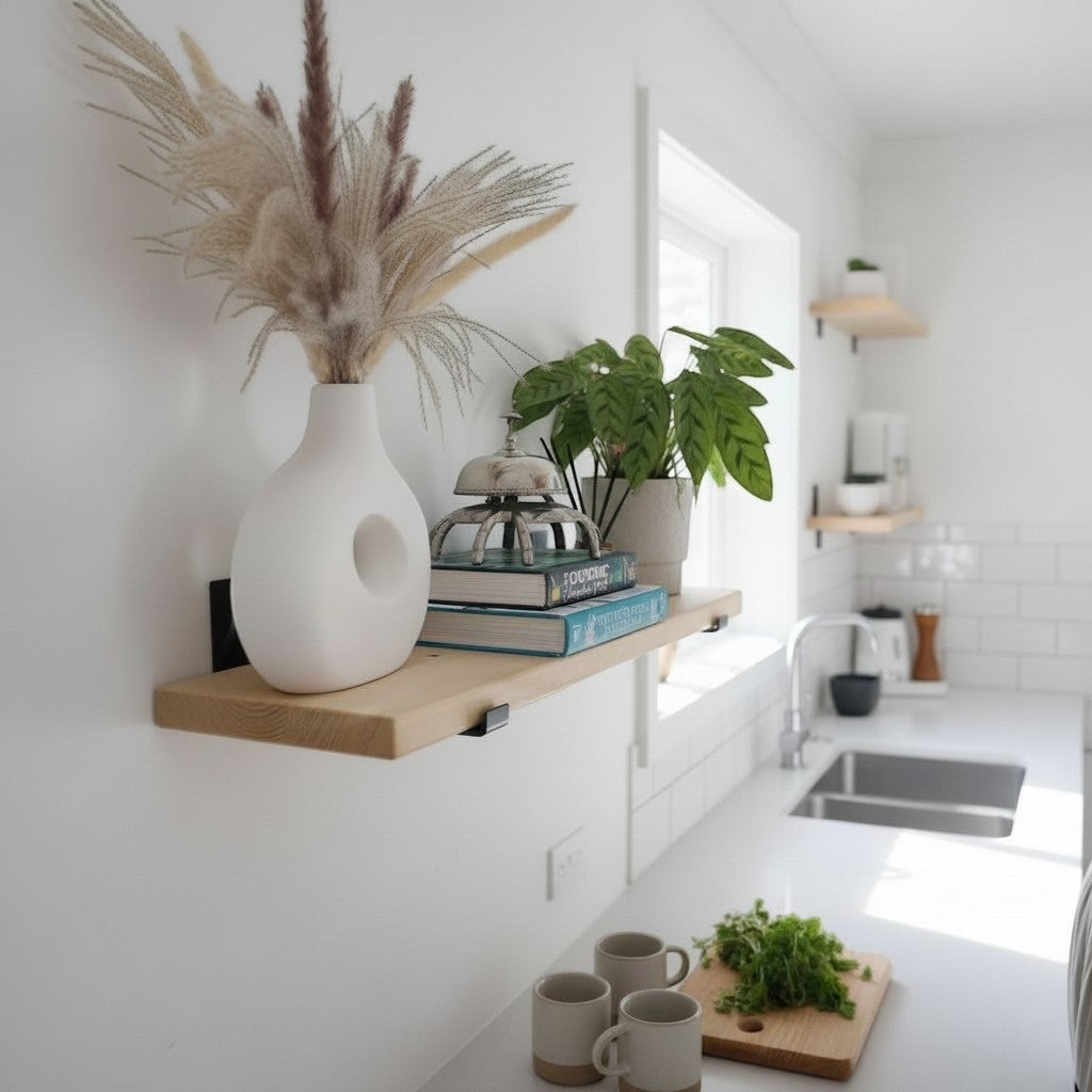 Cutting Edge Creations rustic scaffold board shelf with black brackets, natural wood finish, styled with vase, books and plant.