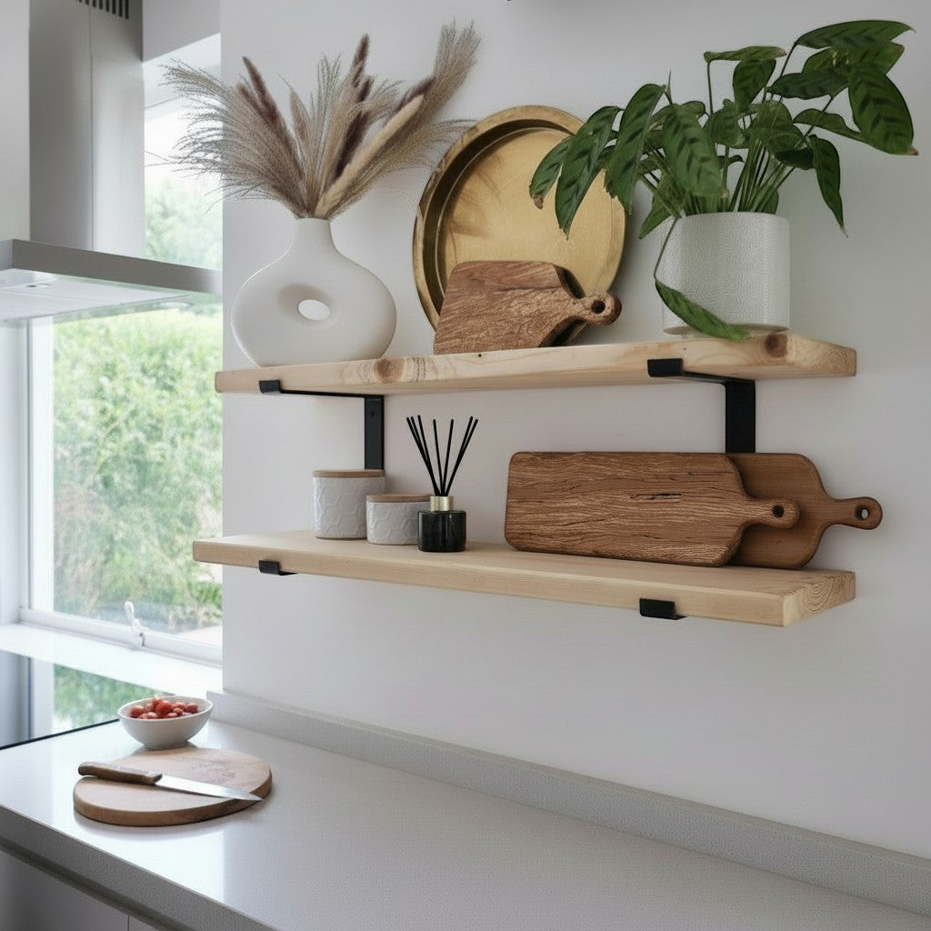 Cutting Edge Creations rustic scaffold board shelf with black brackets, made from reclaimed timber with a natural wood grain.