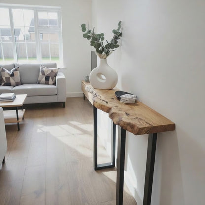 Solid oak entryway table live edge wood console table with square black legs