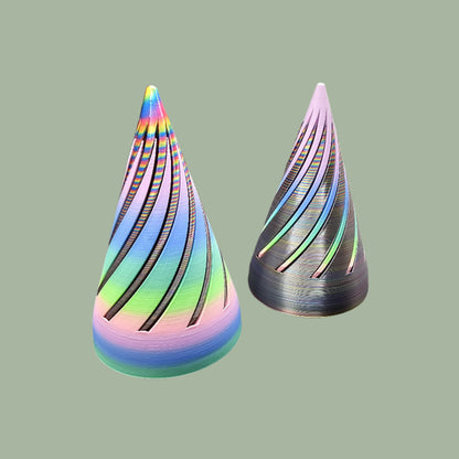 Large 3D printed Infinity Cone in vibrant multicolour filament with a mesmerising spiral design. A fun and tactile fidget toy, desk accessory, or unique home decor piece. Made in the UK and supplied in a random colour