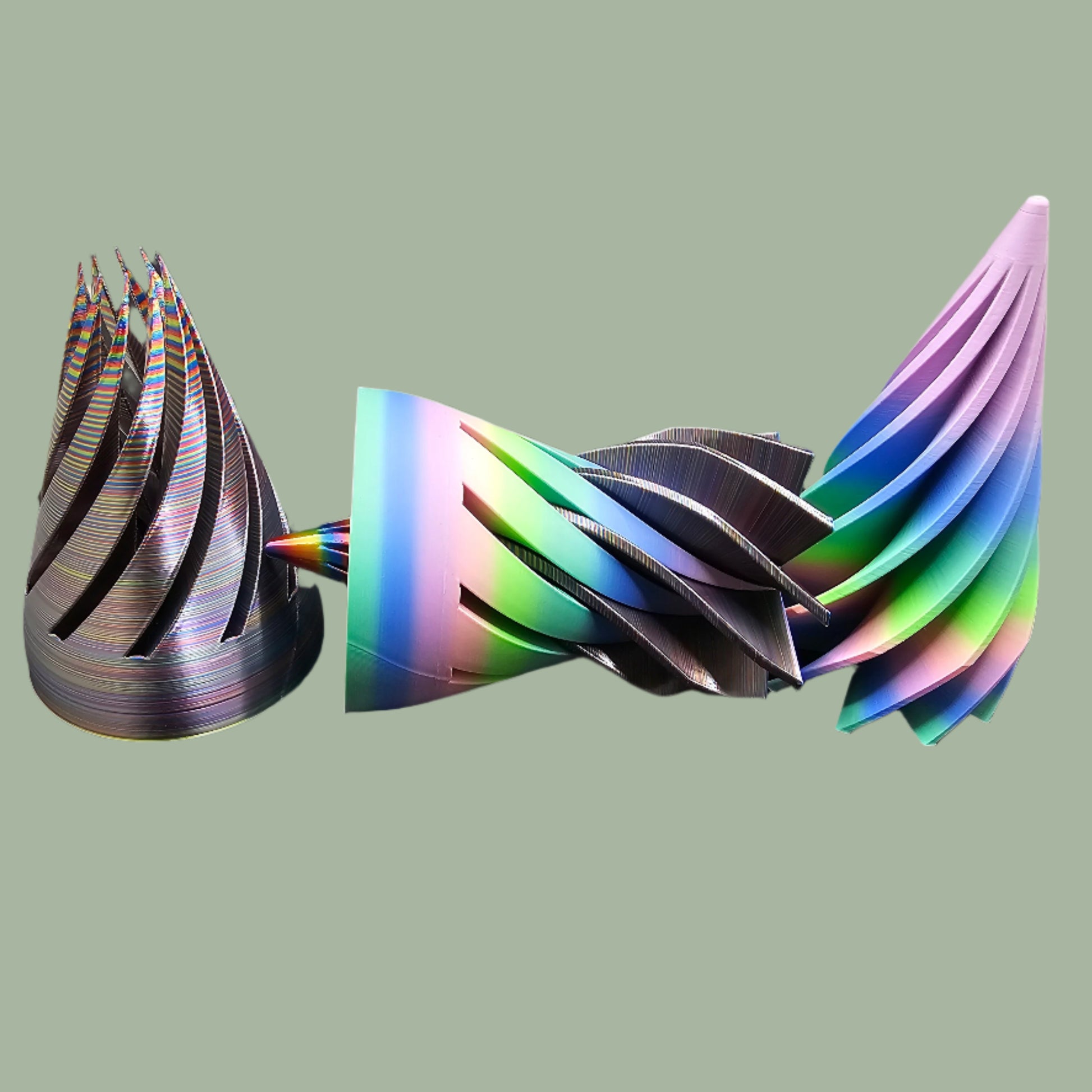 Large 3D printed Infinity Cone in vibrant multicolour filament with a mesmerising spiral design. A fun and tactile fidget toy, desk accessory, or unique home decor piece. Made in the UK and supplied in a random colour