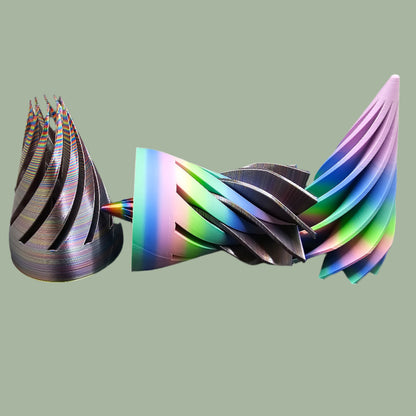Large 3D printed Infinity Cone in vibrant multicolour filament with a mesmerising spiral design. A fun and tactile fidget toy, desk accessory, or unique home decor piece. Made in the UK and supplied in a random colour