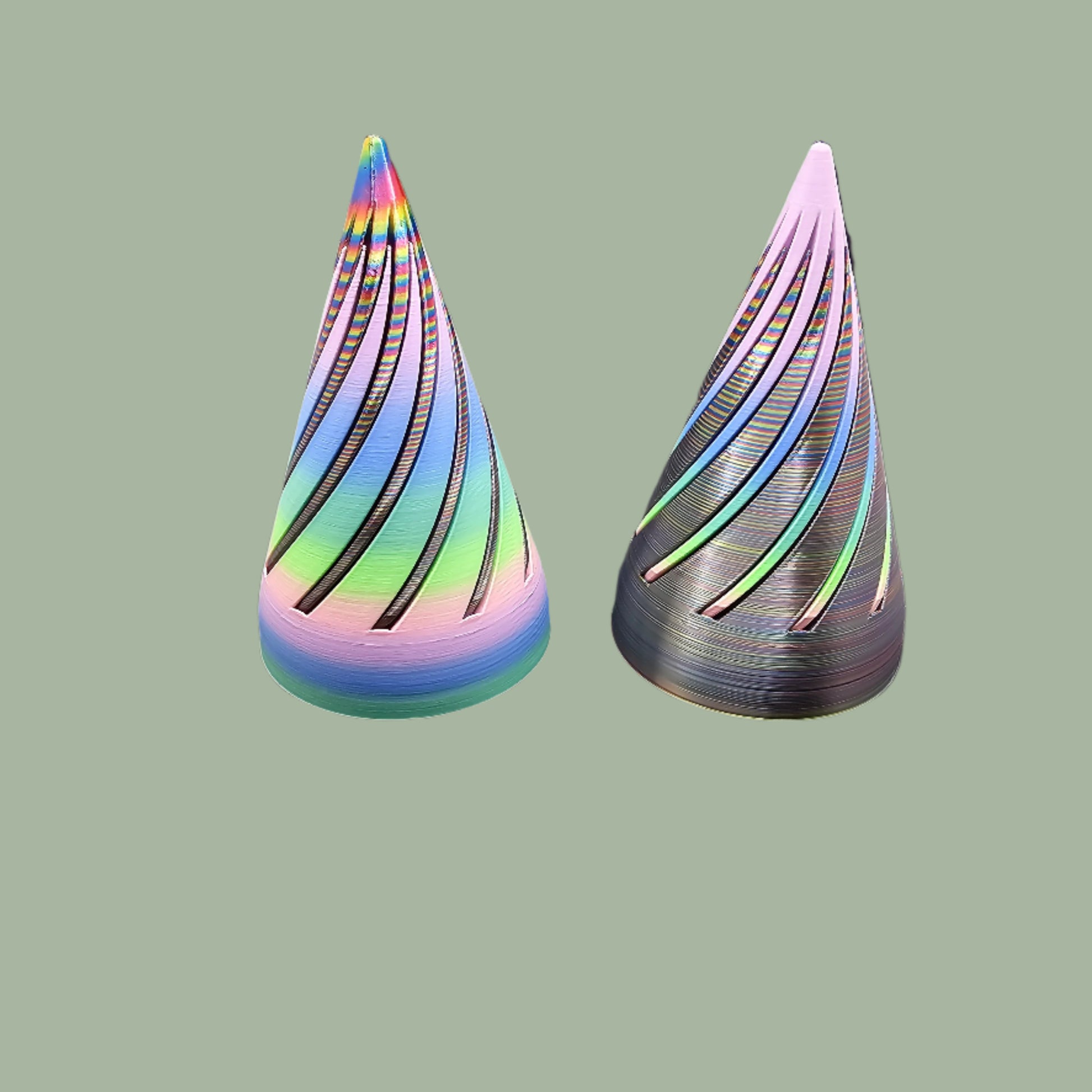 Large 3D printed Infinity Cone in vibrant multicolour filament with a mesmerising spiral design. A fun and tactile fidget toy, desk accessory, or unique home decor piece. Made in the UK and supplied in a random colour
