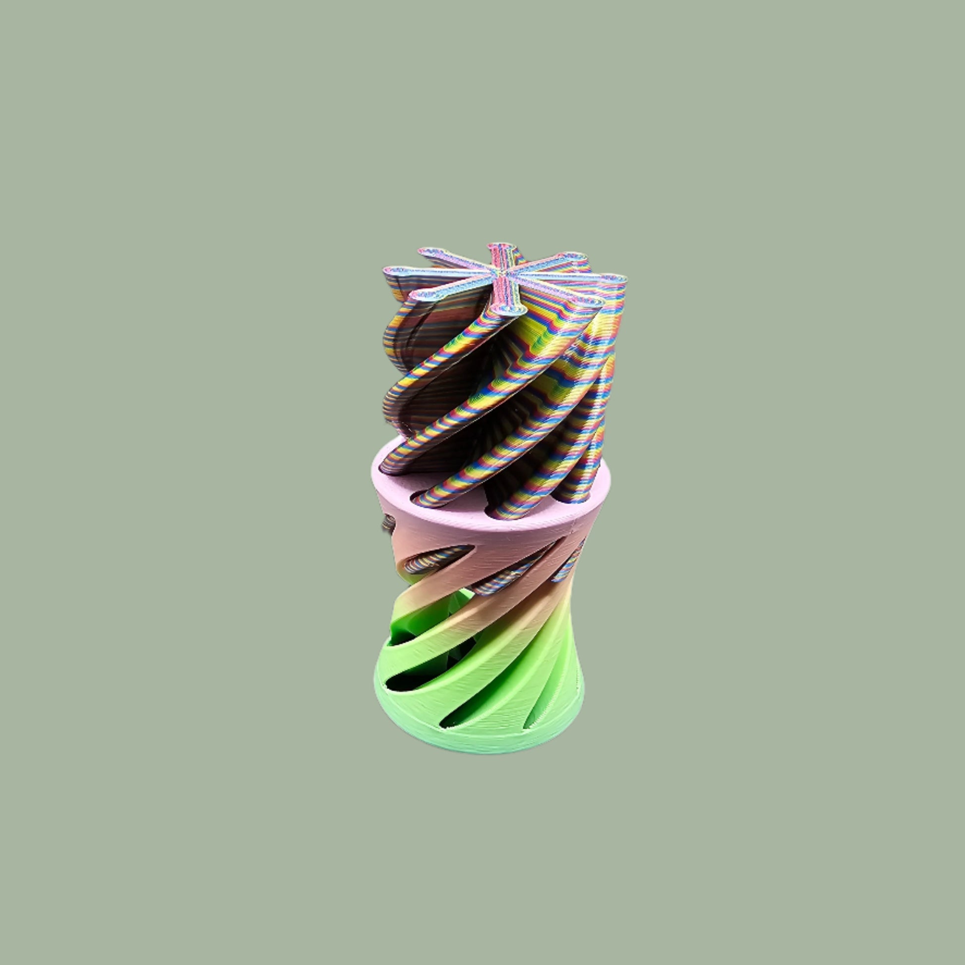 3D-printed Infinity Tubes in pastel and rainbow colours, featuring a spiral fidget design. Small, portable sensory toy made in the UK for stress relief and endless fidgeting