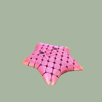 3D printed Flexi Starfish Mini, 9cm in size, featuring a honeycomb texture, articulated movement, and a cute smiling face. Supplied in a random colour, this pocket-sized fidget toy is exclusively reinforced for durability. Ideal for sensory play, stress relief, and ocean-themed gifts