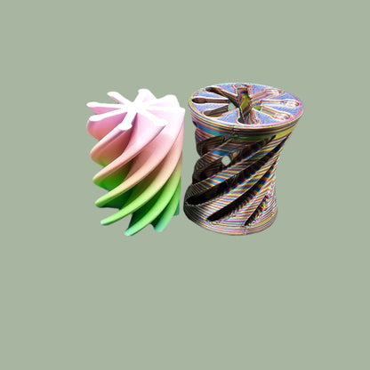 3D-printed Infinity Tubes in pastel and rainbow colours, featuring a spiral fidget design. Small, portable sensory toy made in the UK for stress relief and endless fidgeting