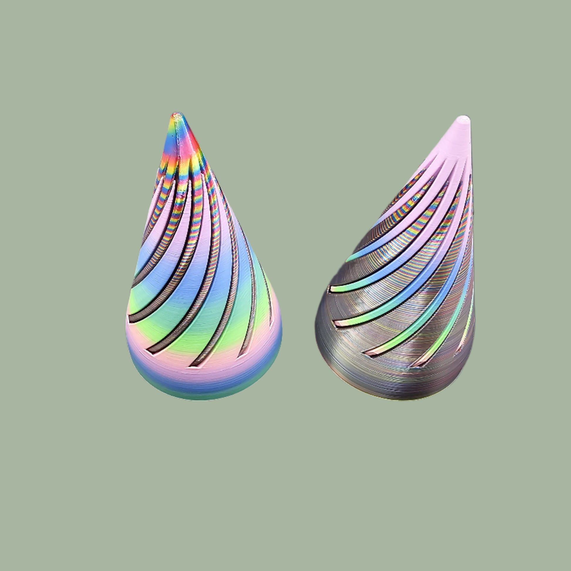 Large 3D printed Infinity Cone in vibrant multicolour filament with a mesmerising spiral design. A fun and tactile fidget toy, desk accessory, or unique home decor piece. Made in the UK and supplied in a random colour